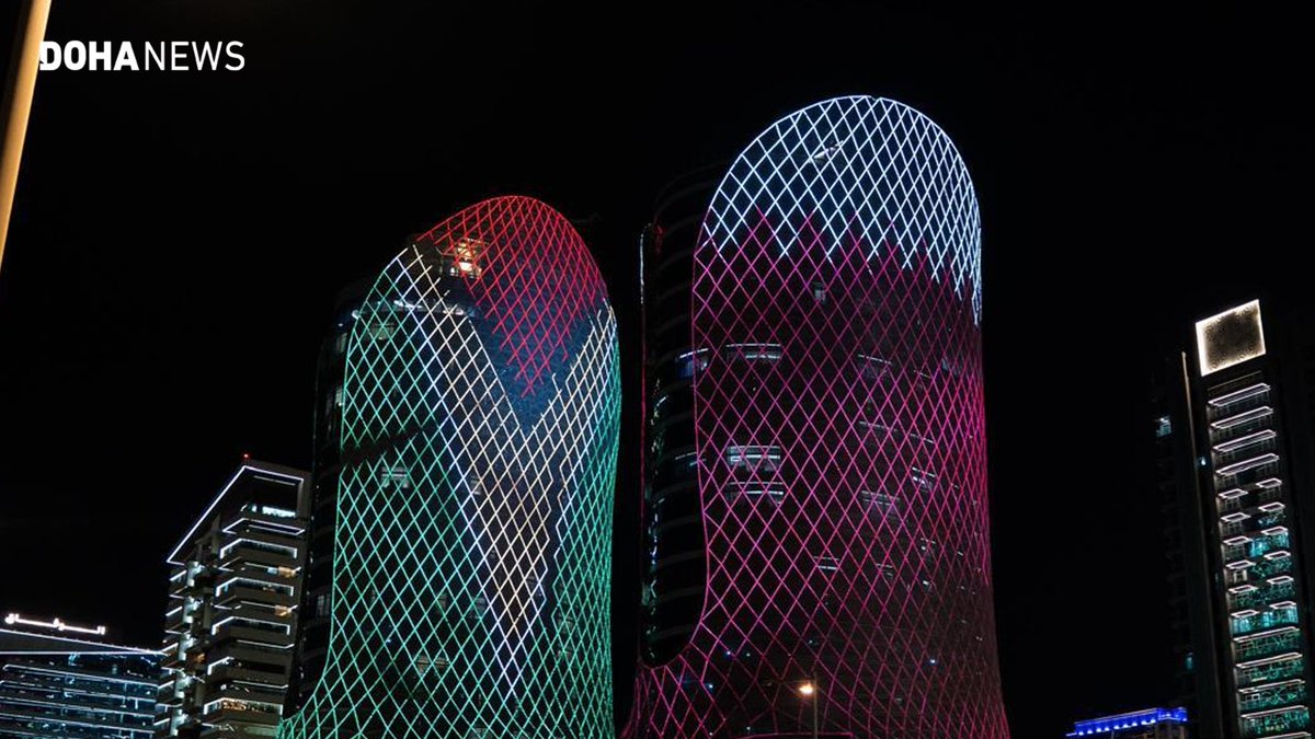 dohanews's tweet photo. Three of #Qatar’s landmark buildings, the Al Jaber Twin Towers, Torch Hotel and Sheraton Hotel, were lit up in the colours of #Guyana’s flag on Tuesday to mark the nation’s 60th independence anniversary.

The Guyanese embassy in Qatar (@guyana_of) said the lighting is part of a series of events planned throughout the year.
