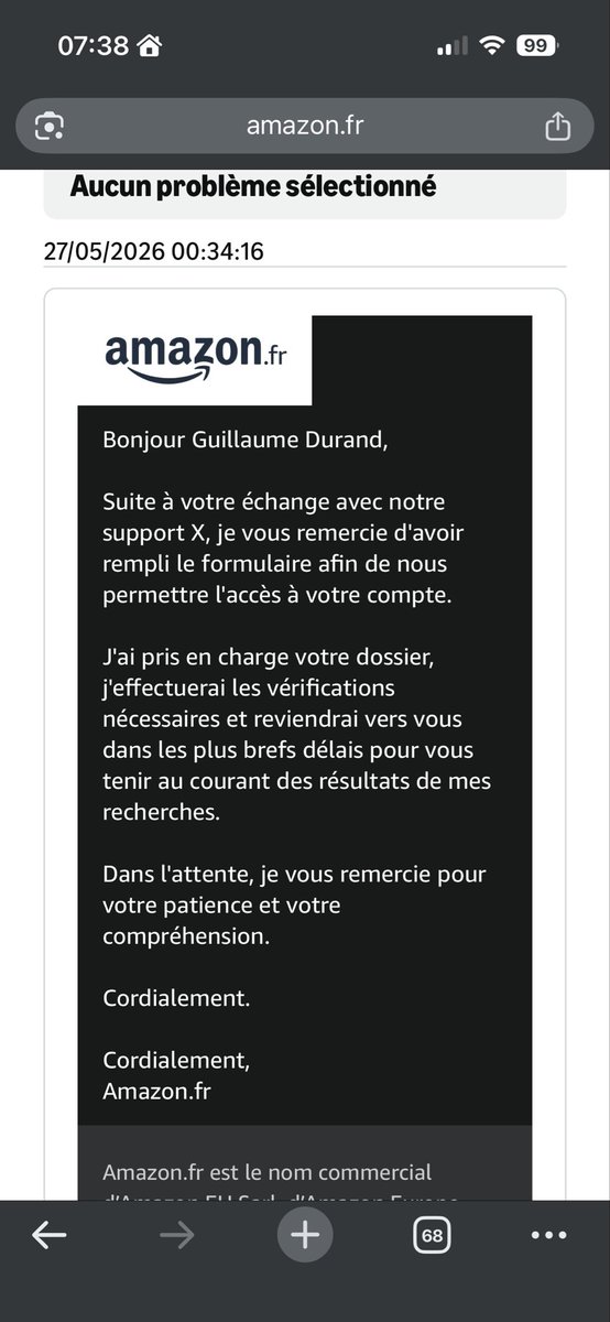 durand_g's tweet photo. @AmazonHelp @amazon C’est bien @AmazonHelp de dire que vous allez regarder mais en DM vous faites rien… https://t.co/BmCD6yjVAw