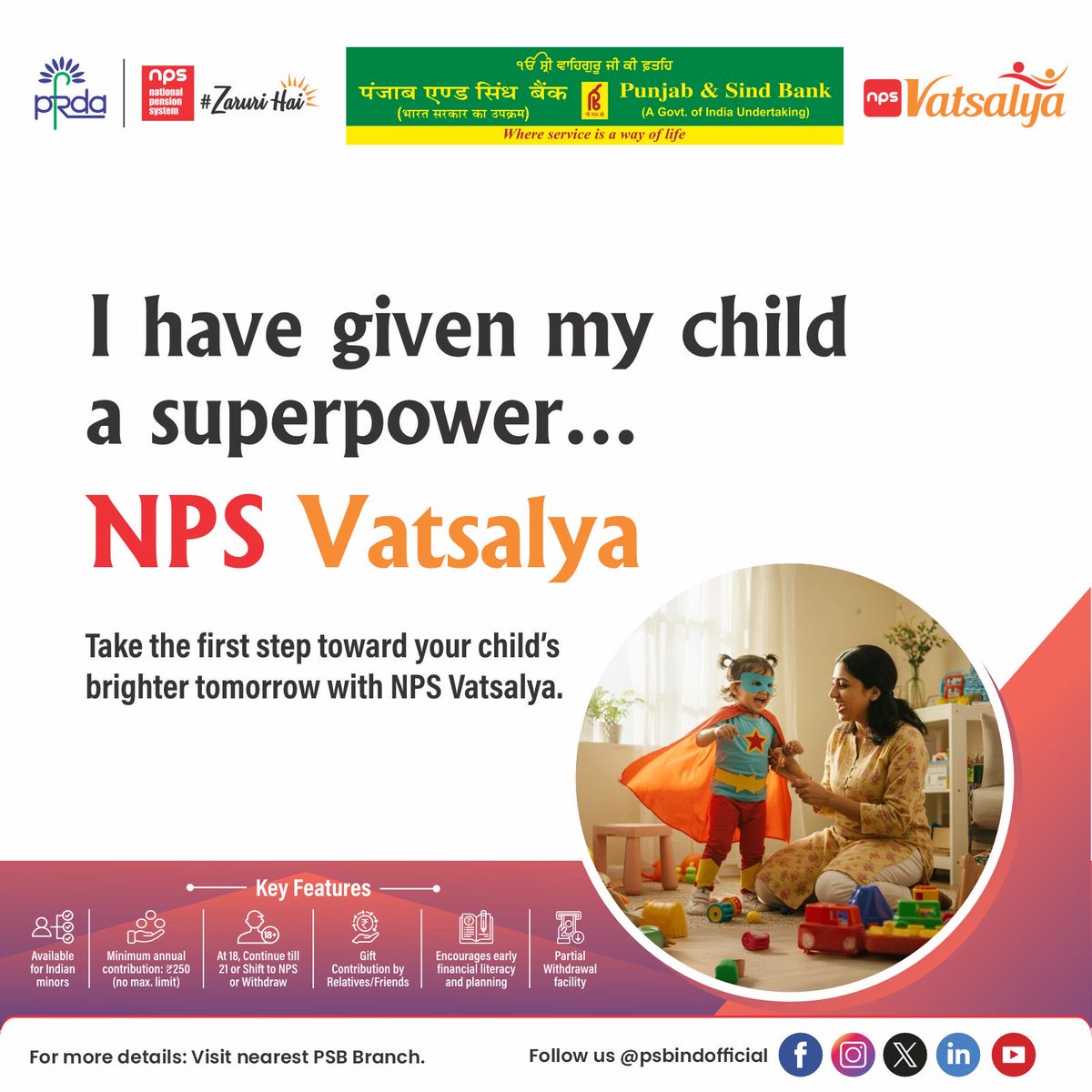 PSBIndOfficial's tweet photo. A brighter future starts with smart planning. 💛
Secure your child future with NPS Vatsalya by Punjab &amp; Sind Bank.

#NPSVatsalya #PFRDA #PunjabAndSindBank #SmartParenting #FuturePlanning #NPS #BePSBSmart #WhereServiceIsAWayOfLife https://t.co/NHk9iubtqv