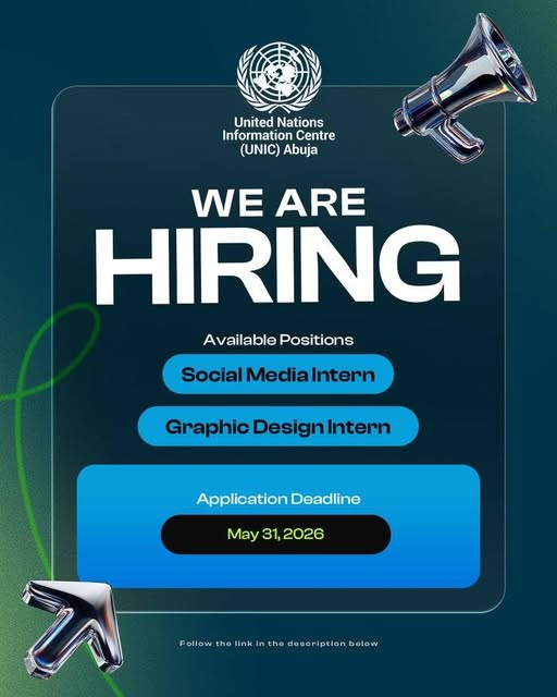 UN_Nigeria's tweet photo. 📣Internship opportunities  with the UN Information Centre Abuja.
Check out the latest opportunities. 
See direct links below to apply:

Graphic Design Intern
https://t.co/4aQvlMygbk

Social Media Intern:
https://t.co/0cBeF7yNLj https://t.co/SWbngFomn6