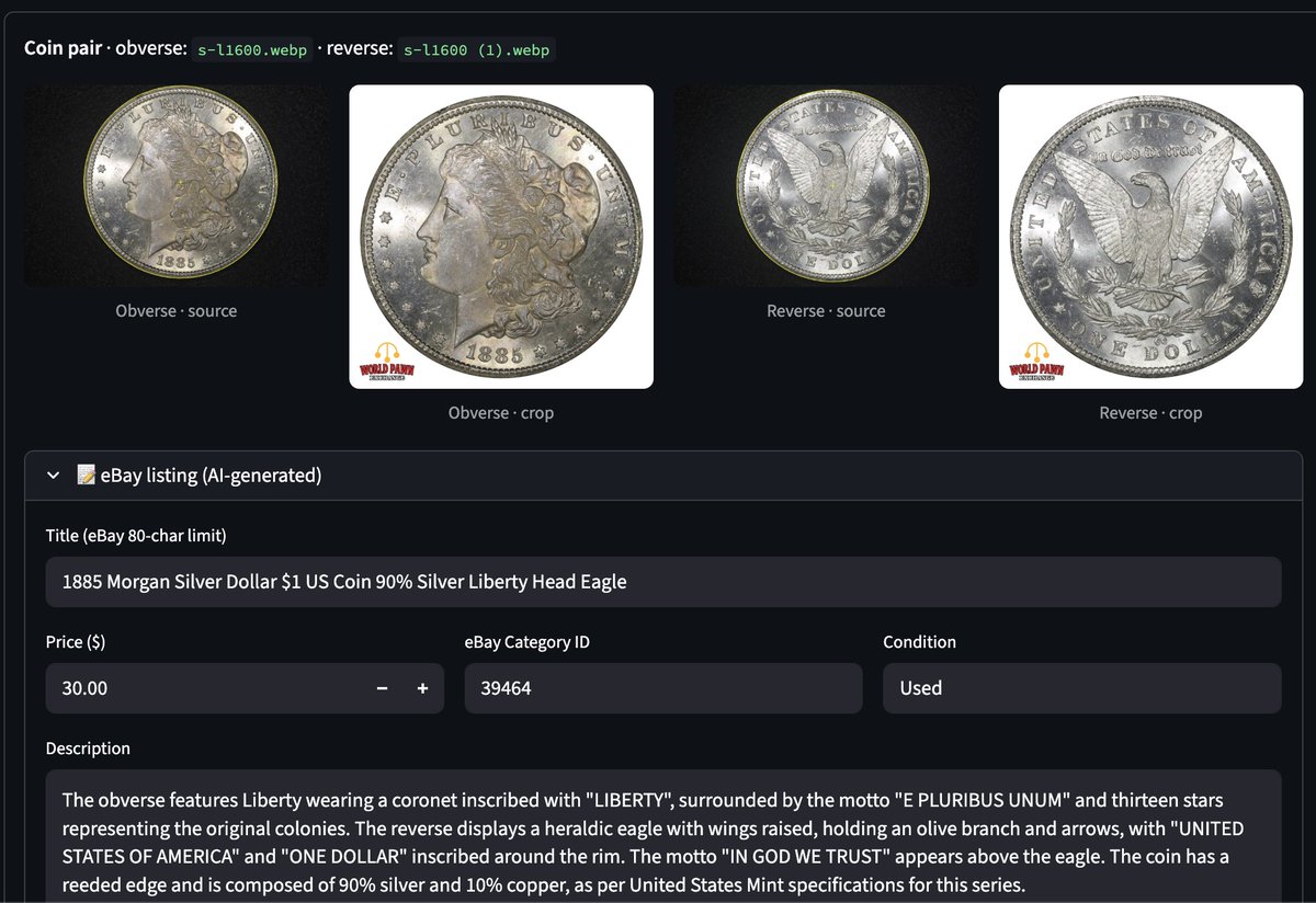 sln4tra's tweet photo. Share with your friends who sell coins. Most of them can benefit from the hours saved.

Coin Rectify now does the whole pipeline. It crops your coin photo onto a clean square canvas (logo and stock number optional), then drafts the full eBay listing with title, description, item specifics, correct eBay category, the works.

I just timed myself. From "haven't taken photos yet" to 10 eBay drafts in 5 minutes. That's 30 seconds per coin to draft. Add another 30 seconds per coin to verify the AI's work and fill in what it can't see (condition, mint mark, price, SKU), and you're at 1 minute per coin from raw inventory to a published listing. About 60 coins per hour if you keep the pace.

A manual eBay listing done well takes 8 to 12 minutes per coin. That's photos, editing, title research, category, description, item specifics, all of it.

Coin Rectify is 8x to 12x faster.

Title and description are SEO-optimized so your listings actually show up in eBay search. Cleaner photos + searchable titles = more views, more sales, higher hammer prices on auctions.

Plans:

Free: 50 photo crops per month, no AI listings. Make an account, try the photo cleanup. Always free.

$29 AI Pro: 100 AI listings + 300 photo crops per month. About 17 hours back every month at 10 min replaced per listing. 

$79 AI Business: 500 AI listings + 1,500 photo crops per month. About 83 hours back every month, basically two full work weeks. Just 16¢ per listing to skip 10+ minutes of work each.

The plans cover themselves on time alone after just 9 listings on Pro or 24 listings on Business. That's before counting any extra sales you'll get from sharper photos and better-ranked titles.

If you list coins for a living, the math is obvious. If you're a hobbyist, the Free tier already saves your weekends.
