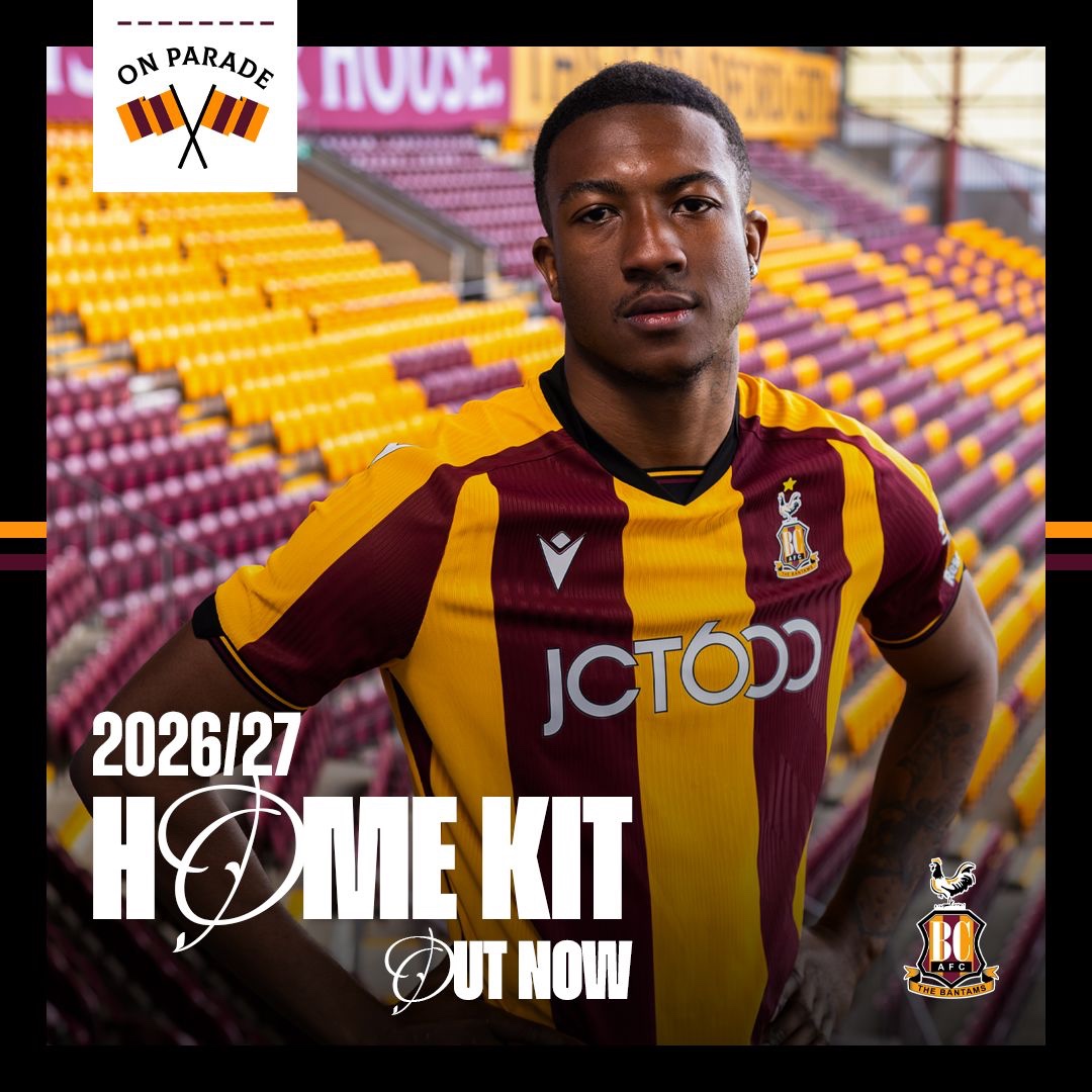 officialbantams's tweet photo. Got your hands on our 2026/27 home kit yet? Visit the Bradford City Store from 9.00am today or shop online 24/7 to purchase your new strip! π
#BCAFC | #OnParade