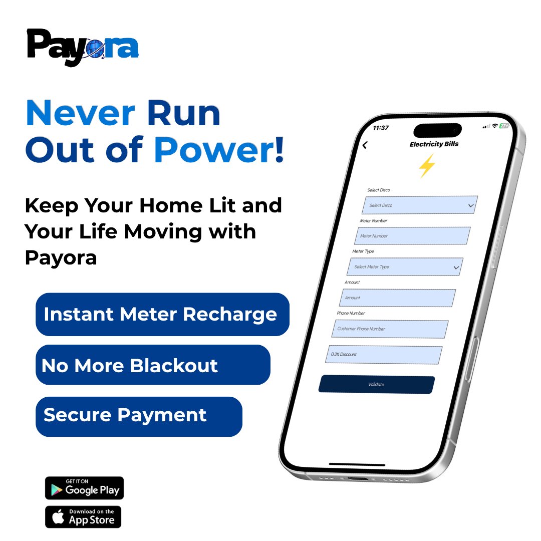 usepayora's tweet photo. Recharge your our electricity meter instantly with Payora and enjoy fast, secure, and stress-free payments anytime.

Download Payora now 👇

Visit 👉 https://t.co/hWeuJ8UZO0

📱 Playstore: https://t.co/E5yNUtXk1F

🍎 Appstore: https://t.co/ER957m3LWF https://t.co/HhXfvyluCh