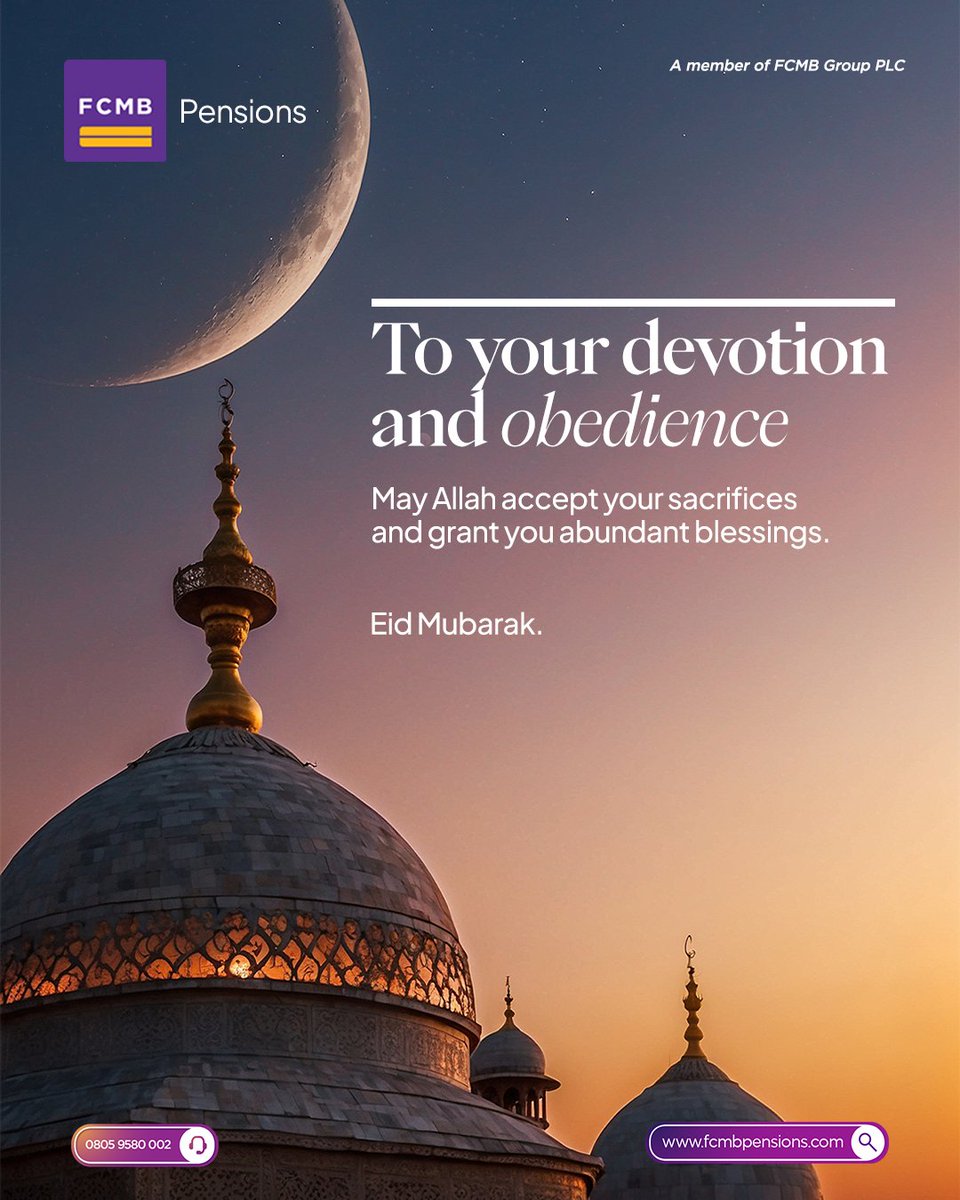 fcmbpensions's tweet photo. Eid Mubarak. 🌙✨

Wishing you a beautiful Eid filled with joy and blessings. https://t.co/BhD9CeXysm