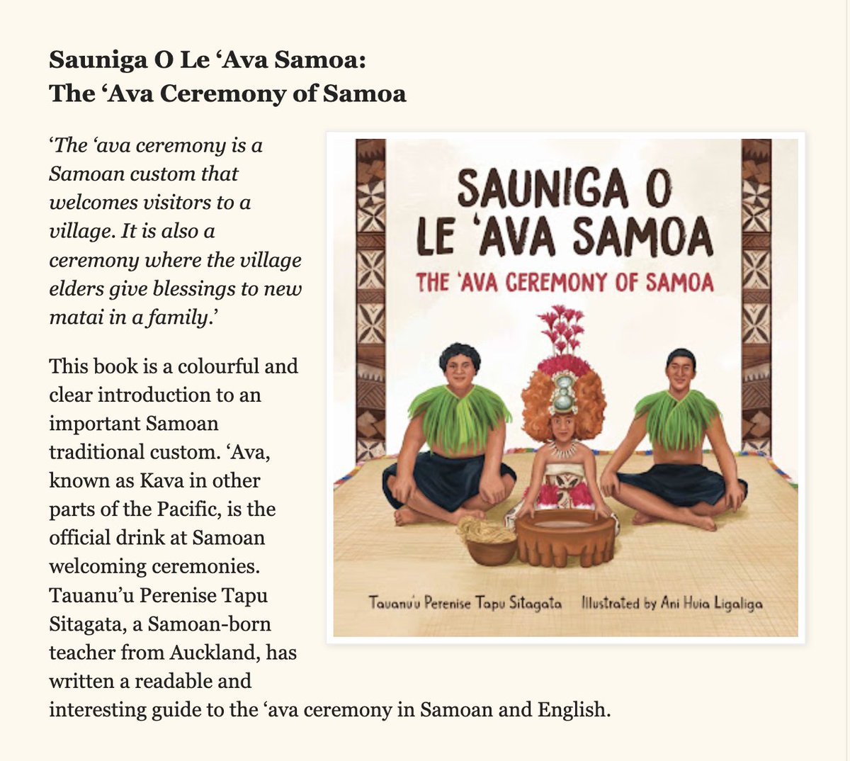 OratiaBooks's tweet photo. "Oratia have created a useful resource for every school and library, not to mention many homes."

Trevor Agnew reviews Sauniga O Le ‘Ava Samoa/The ‘Ava Ceremony of Samoa

https://t.co/KkAfdt53xi

#oratiabooks #SamoanLanguageWeek #VaiasooleGaganaSamoa @etangata @RNZPacific https://t.co/2lKXFEz4QP