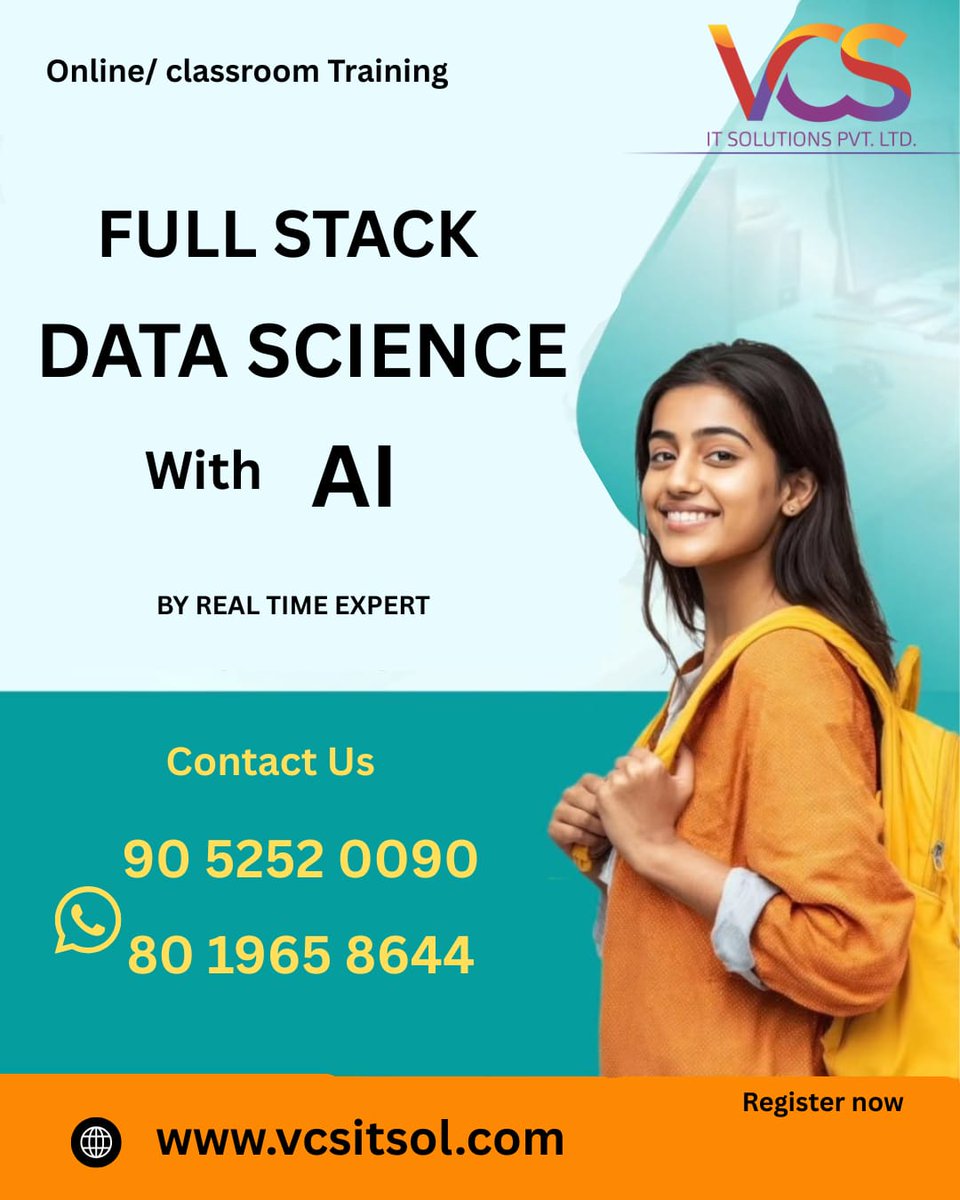 vcsitsolution's tweet photo. #DataScienceTraininginHyderabad #onlinetraining #CLASSROOMTRAINING #onetoonetraining #ITTraining #TechSkills #CareerGrowth #datascientist #businessanalytics #PredictiveAnalytics #AIEngineer #learning #programming #coding #automation #DigitalTransformation https://t.co/FP53fHB6Q4