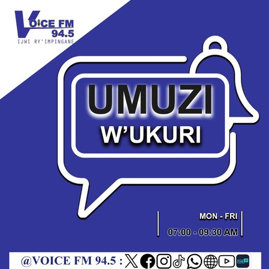 VOICE_FM_RWANDA's tweet photo. Tubahaye ikaze mu kiganiro UMUZI W'UKURI.
Ingingo ya none: Akarere ka Gatsibo: Umwihariko, Amahirwe n'Imbogamizi ku iterambere rirambye.
Muri kumwe na NKINDI Patrick,  Paul Clement na IRADUKUNDA Dieudonne.
SHYIRA urushinge rwa radiyo yawe kuri 94.5 https://t.co/caTU2s1c1A