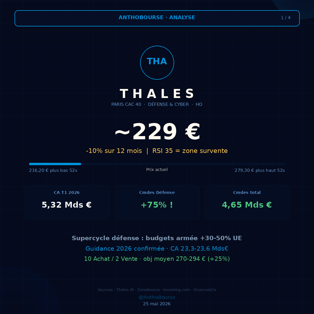 AnthoBourse's tweet photo. 📊 THALES - Analyse

~229 € | RSI 35 = zone survente

✅ Cmdes Défense +75% au T1
✅ CA +9,7% organique > consensus
✅ UBS : objectif 380 €
⚠️ -10% sur 12 mois · sous MM200

Obj CT : 265 € | Obj MT : 294 €

⚠️ Pas de conseil

#Thales #Défense #CAC40 #AnthoBourse https://t.co/UOiTrqAzpV