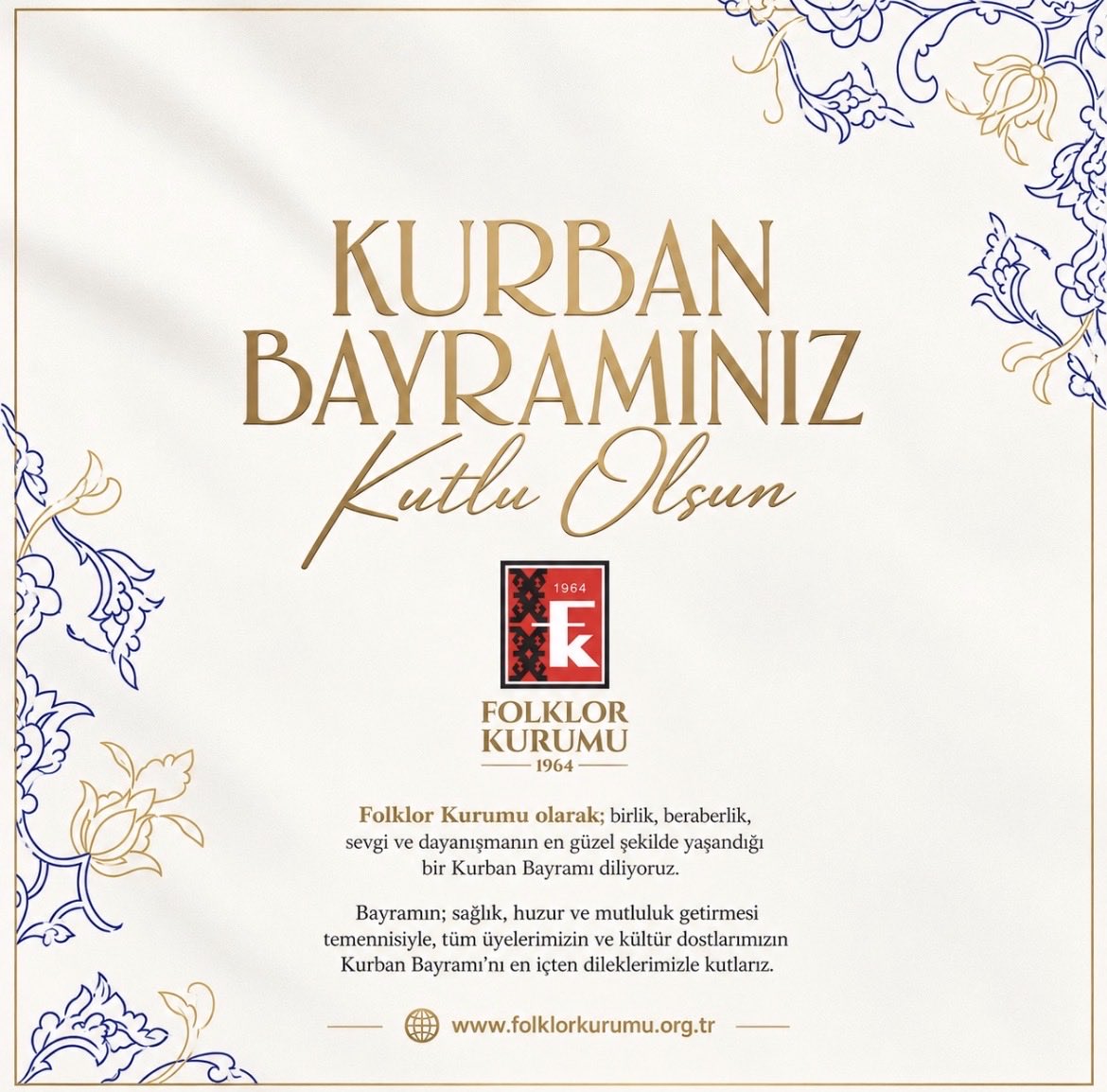 TFKturkey's tweet photo. Folklor Kurumu ailesi olarak; birlik, beraberlik, sevgi ve dayanışmanın en güzel şekilde yaşandığı bir Kurban Bayramı diliyoruz.
Bayramın; sağlık, huzur ve mutluluk getirmesi temennisiyle, tüm üyelerimizin ve kültür dostlarımızın Kurban Bayramı’nı en içten dileklerimizle kutlarız https://t.co/j8i9SC7pCF