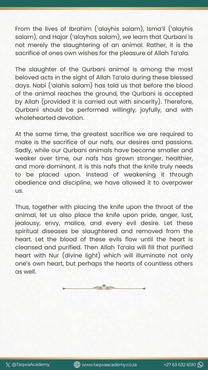 TaqwaAcademy's tweet photo. A Sacrifice of Love and Submission https://t.co/ORfG6dIcRG