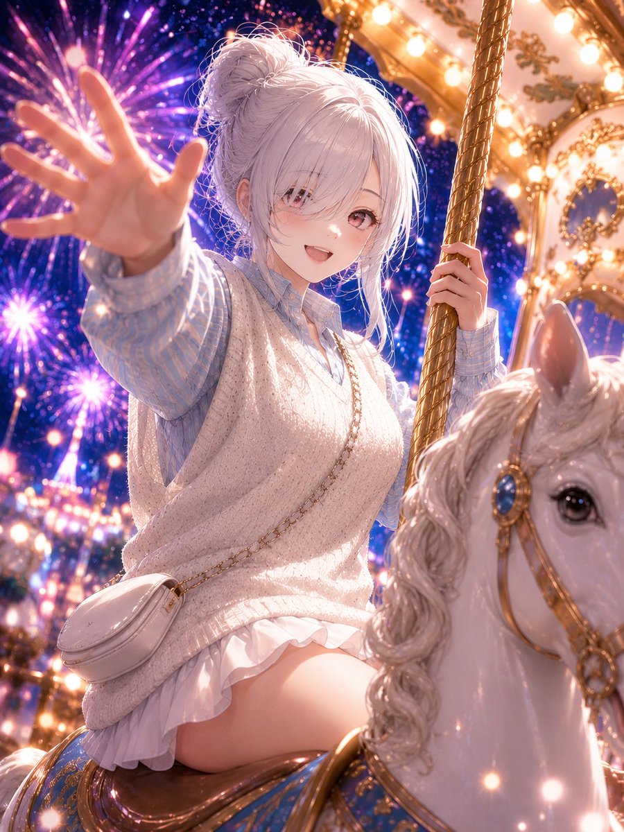 P25Va's tweet photo. 夜のテーマパーク。

メリーゴーランドに乗ったシンデレラが、
花火の下で楽しそうに手を振ってくれた。
きらめく光の中で見せる笑顔が、
いつもより少しだけ無邪気に見えた。

こんな夜は、きっと忘れられない。
#NIKKE #ニケ #AIイラスト https://t.co/QEgnecYJqi