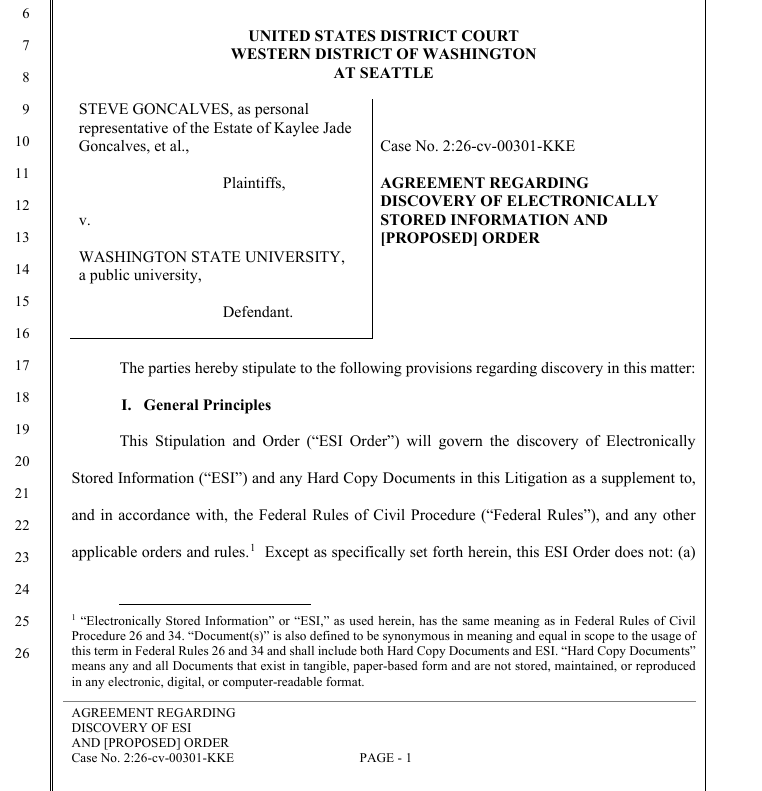 SarahDIrish's tweet photo. Agreement Regarding Discovery of Electronically Stored Information and [Proposed] Order
~ 23 Pages https://t.co/YBmjJJBeWa

Stipulated Protective Order And [Proposed] Order 
~ 15 Pages  
https://t.co/J6CPLQ2kK6

Joint Status Report and Discovery Plan ~ 10 Pages
https://t.co/nDYiyRqFf5

#WSULawsuit
#BryanKohberger

Credit:@MattBlacInc