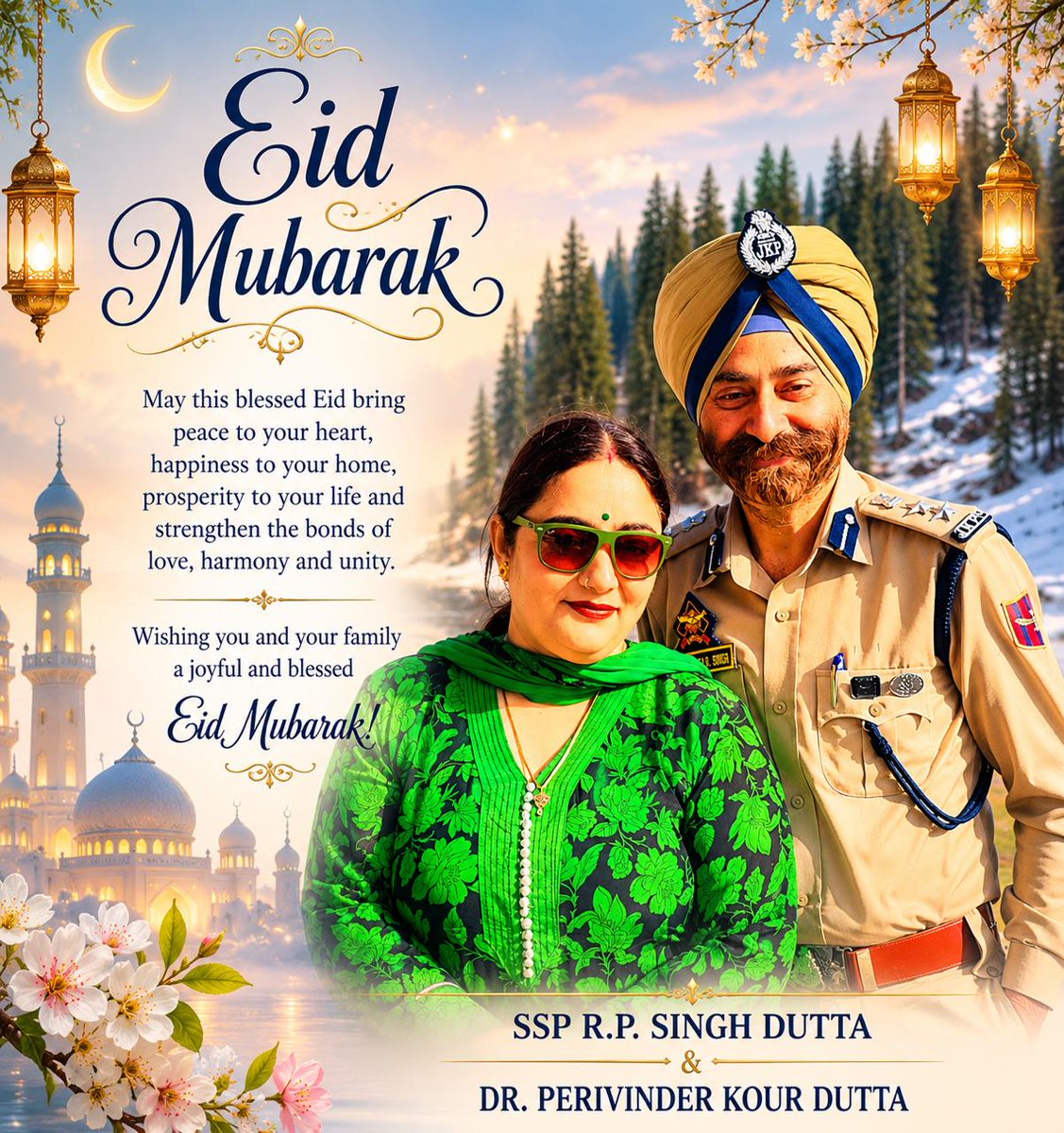 ChinarPost's tweet photo. Shri R.P.Singh(JKPS)Commandant 4 IR and Dr. Pervinder Kour Extend Warm Greetings on Eid-ul-Azha

They prayed for lasting peace, progress, and prosperity in Jammu &amp; Kashmir and extended their best wishes to the people from all walks of life on this sacred occasion. https://t.co/J8U22nLjqD