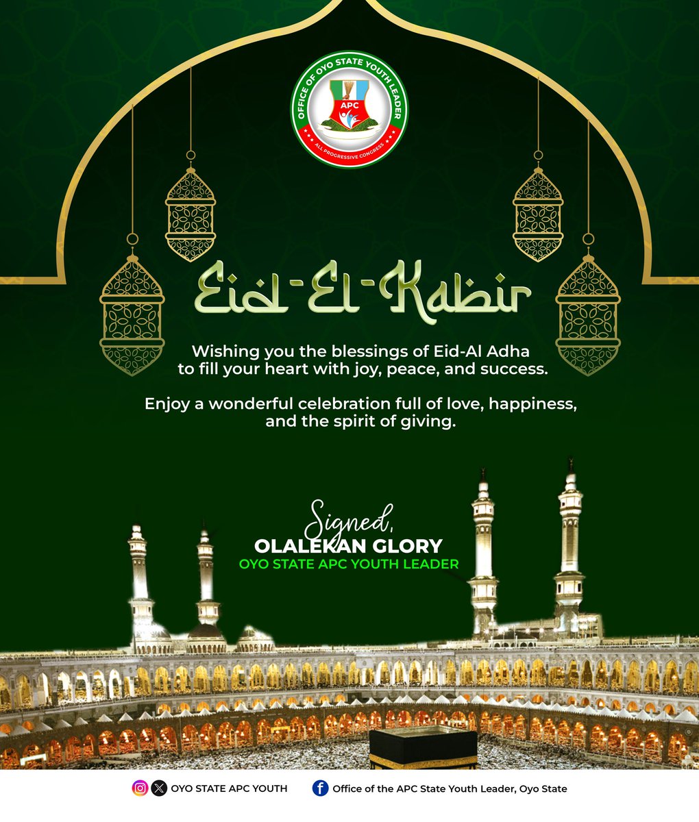 OYOAPCYOUTH's tweet photo. Wishing all our Muslim faithful a peaceful and joyful Eid el-Kabir celebration. May Allah accept our sacrifices and bless our land with peace and progress.

#EidElKabir #Progressives #OyoAPC https://t.co/bhhPf8nwZp