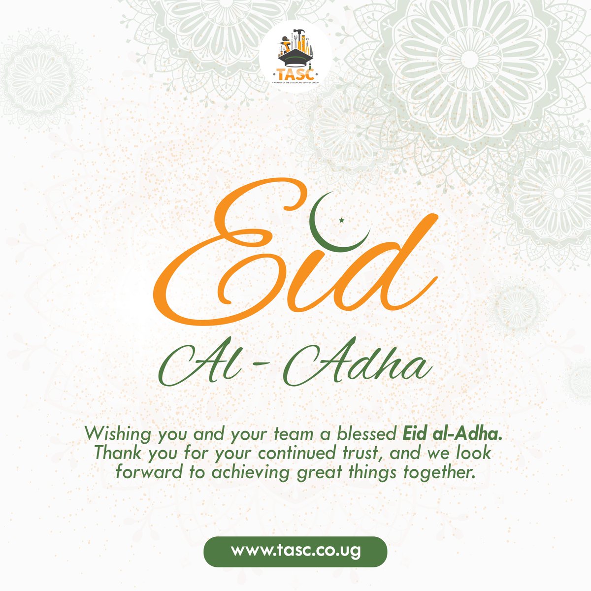 TASC_UG's tweet photo. To our valued partners and clients, Eid Mubarak! 

May this Eid Al-Adha bring you and your teams blessings and happiness. 

We're grateful for every opportunity to grow together. 

#EidAlAdha #TASC https://t.co/2RfFWXXVcQ