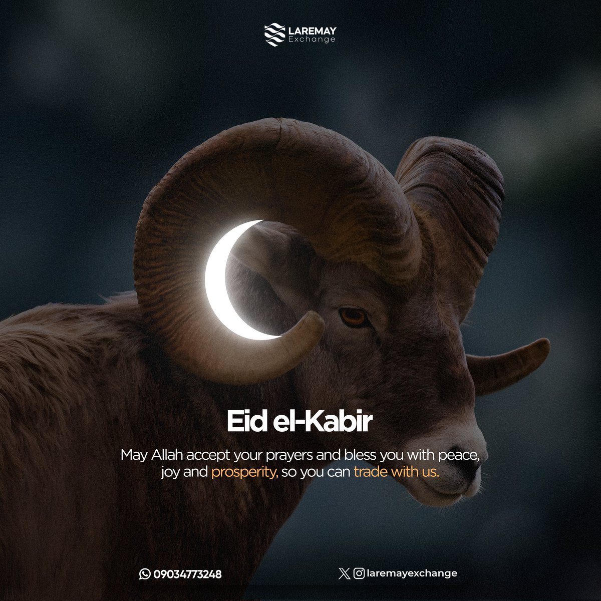 laremayexchange's tweet photo. Eid Mubarak 🤍💙

May Allah accept your prayers, multiply your blessings, and bring prosperity to everything you do this season 🌙

From all of us at LareMay Exchange thank you for trading, growing, and building with us.

#EidMubarak 
#KurbanBayramımızMübarekOlsun https://t.co/rd9dG6zaXe