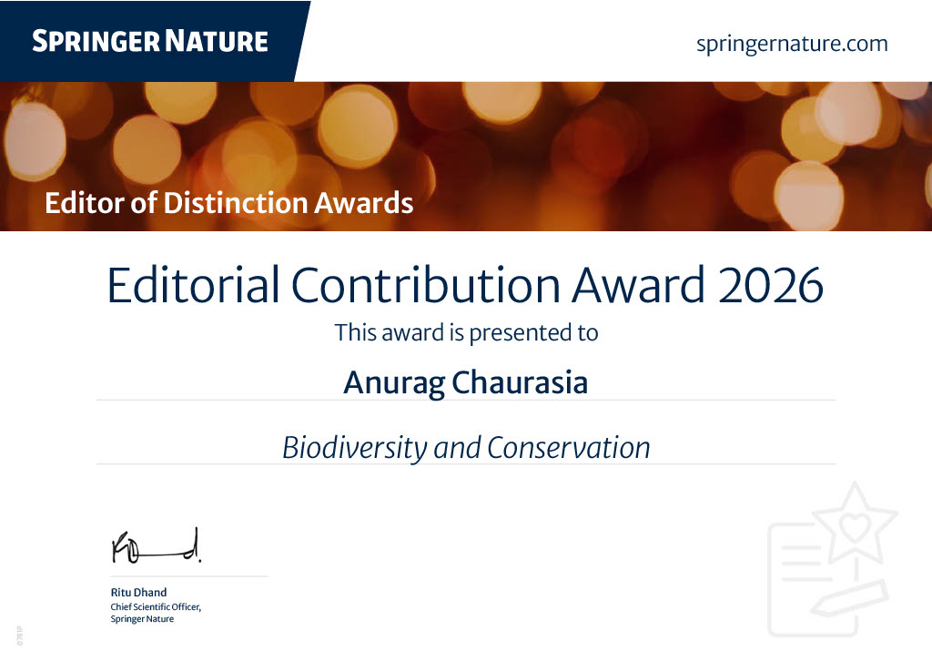AnuragICAR's tweet photo. Happy to receive the Honour "Editor of Distinction Awards-2026" by Ritu Dhand, Chief Scientific Officer, Springer Nature for the journals -- "Biodiversity and Conservation" being published by Springer Nature https://t.co/Rjawy9Rqwp