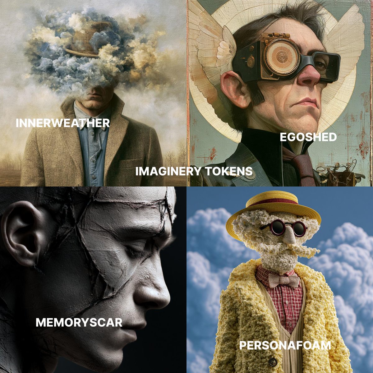LudovicCreator's tweet photo. 🎨 IMAGINERY TOKENS MIDJOURNEY V 8.1 🎨

For those who follow me since a long time you know I liked to play with imaginery tokens and to see how AI reacts with them ..

Here 4 new ones with some possible interpretations :

* Egoshed :

 Characters visibly discard old selves like skins, masks, or shadows.

* Personafoam :

 Identities form and dissolve like bubbles—temporary, iridescent, fragile.

* Innerweather :
 Mental states manifest as localized climate systems around characters.

* Memoryscar :
 Memories leave physical scars in the environment, not the body.

Same Base prompt used here :

[TOKEN ] Man  --v 8.1

It's not very stable and consistent and it's fun to play with...

Try them , mix them , use them in other tools , share your creations if you want to.

Find all images first comment
1/2