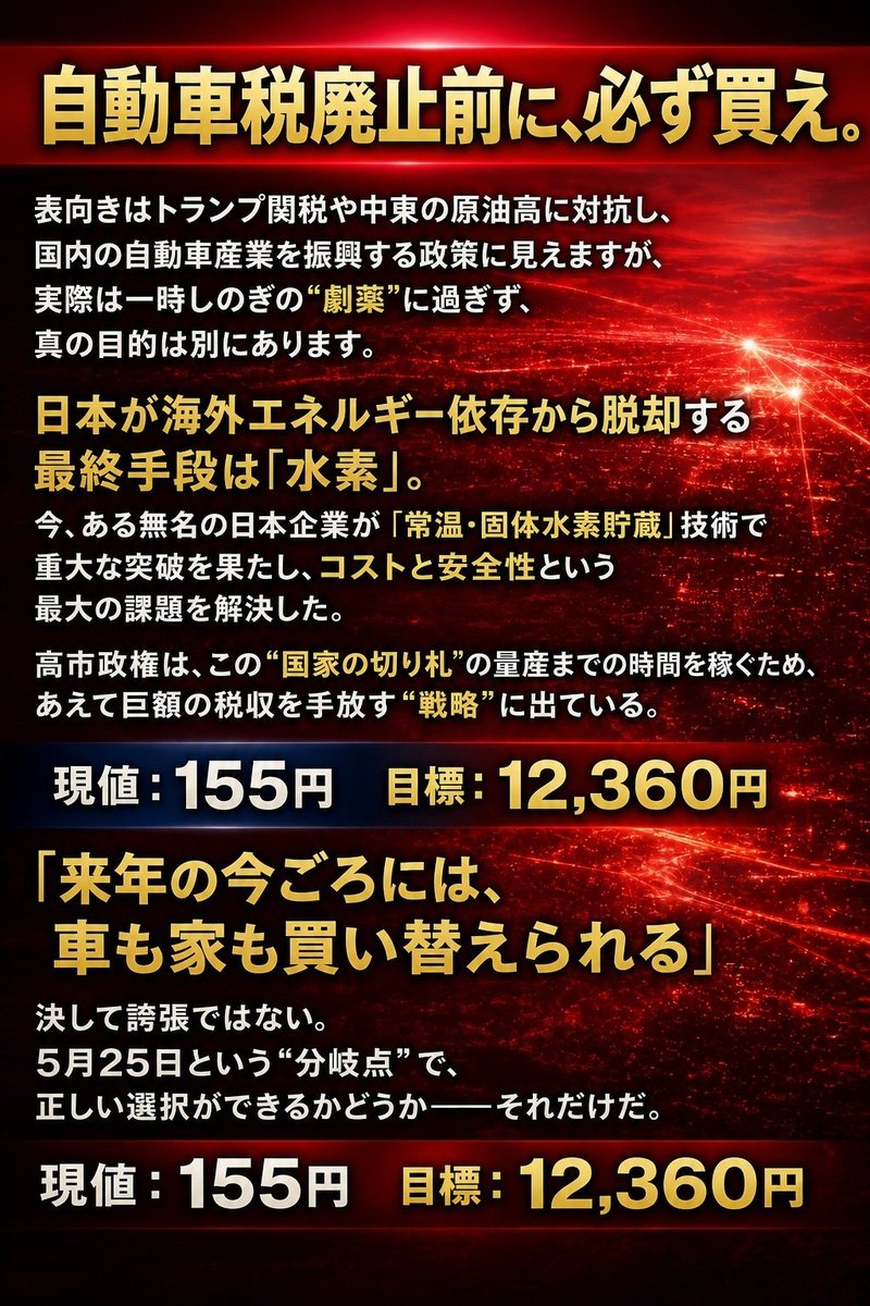 Madvbbard's tweet photo. 朗報！！！朗報！！！
死ぬほど大事だから何万回でも言います。
日本人よ、これだけは絶対によく見てほしい。
正直、ゾッとした！
自動車税廃止前に、必ず買え。🔥
表向きは、トランプ関税や中東の原油高に対抗し、
国内の自動車産業を振興する政策に見える。
だが実際は、一時しのぎの政策に過ぎない。
真の目的は別にある。
日本が海外エネルギー依存から脱却する最終手段——
それが「��素」だ。
今、ある無名の日本企業が、
「常温・固体水素貯蔵」技術で重大な突破を果たした。
これまで最大の課題だった
“コスト”と“安全性”を解決した可能性がある。
高市政権は、この“国家の切り札”が量産体制に入るまでの時間を稼ぐため、
あえて巨額の税収を手放す戦略に出ている。
現値：155円
目標：12,360円
「来年の今ごろには、車も家も買い替えられる」
決して誇張ではない。
5月27日という“分岐点”で、正しい選択ができるかどうか——それだけだ。