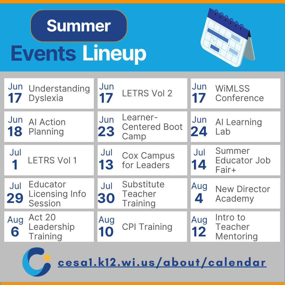 CESA1's tweet photo. Dive into Summer Learning! Our professional development offerings are here to help you sharpen your skills and ignite your career. Don’t miss this opportunity to invest in YOU! https://t.co/ExjSYDQDDG 
💼💪 #SummerLearning #ProfessionalGrowth #InvestInYourself https://t.co/9s8i3mck2d