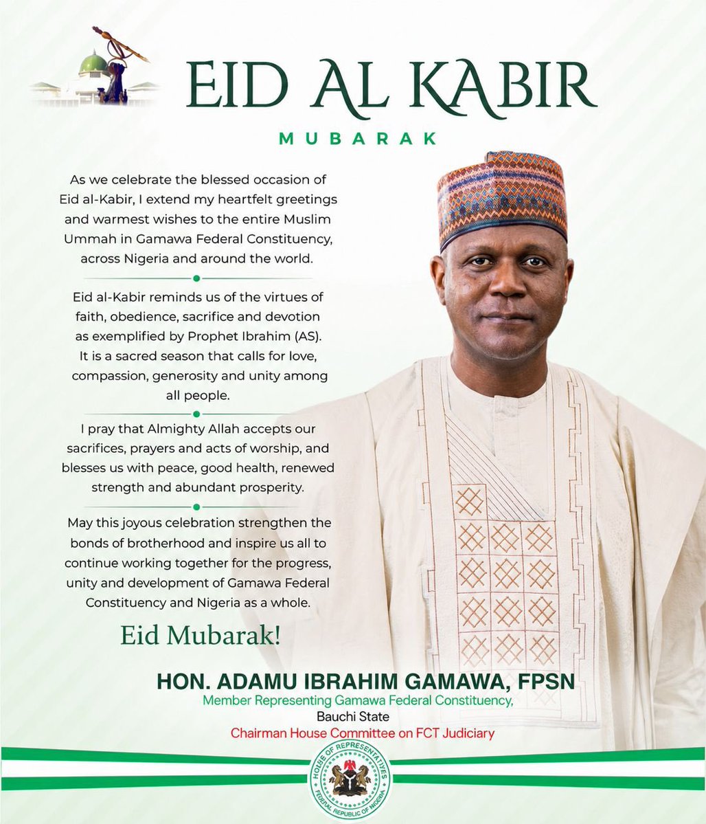 OfficialAdamuIG's tweet photo. EID AL KABIR MUBARAK

As we celebrate the blessed occasion of Eid al-Kabir, I extend my heartfelt greetings and warmest wishes to the entire Muslim Ummah in Gamawa Federal Constituency, across Nigeria and around the world. https://t.co/jJ9BgmNbNW