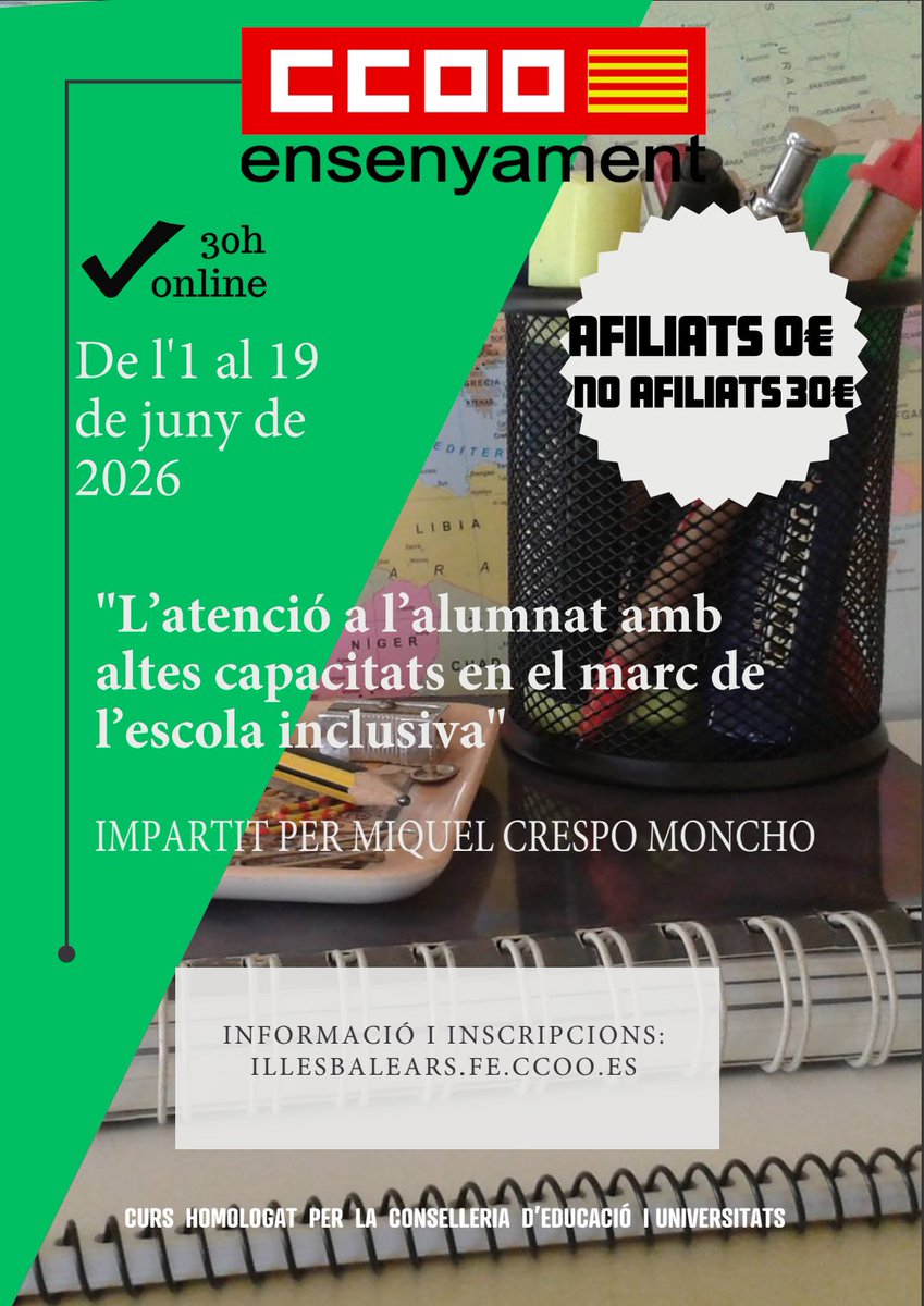 FECCOOIB's tweet photo. ℹ️ Formació permanent

📢Obert el termini d’inscripció del curs: L’atenció a l’alumnat amb altes capacitats en el marc de l’escola inclusiva

👉🏻Més informació: https://t.co/d43AemmYyq
👉🏻Inscripció: https://t.co/PB9jUd07d6 https://t.co/JzwOpc1vc0