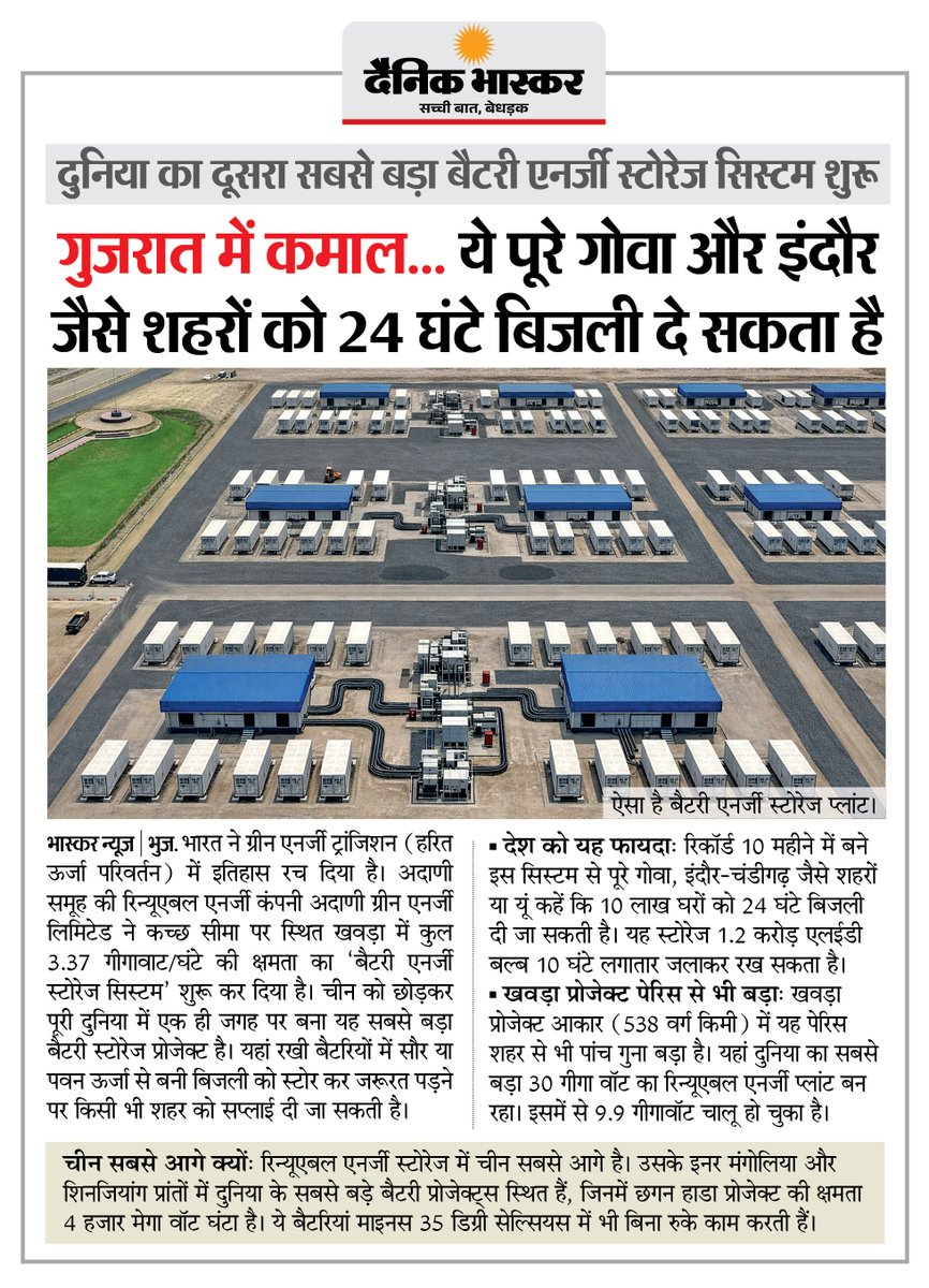 DainikBhaskar's tweet photo. गुजरात में बना दुनिया का दूसरा सबसे बड़ा बैटरी एनर्जी स्टोरेज सिस्टम, कुल 3.37 गीगावाट/घंटे की क्षमता... गोवा और इंदौर जैसे शहरों को 24 घंटे बिजली देने में सक्षम
#Gujarat #EnergyStorage #RenewableEnergy 

अधिक खबरें और ई-पेपर पढ़ने के लिए दैनिक भास्कर एप इंस्टॉल करें - https://t.co/xvtHwBtpmP