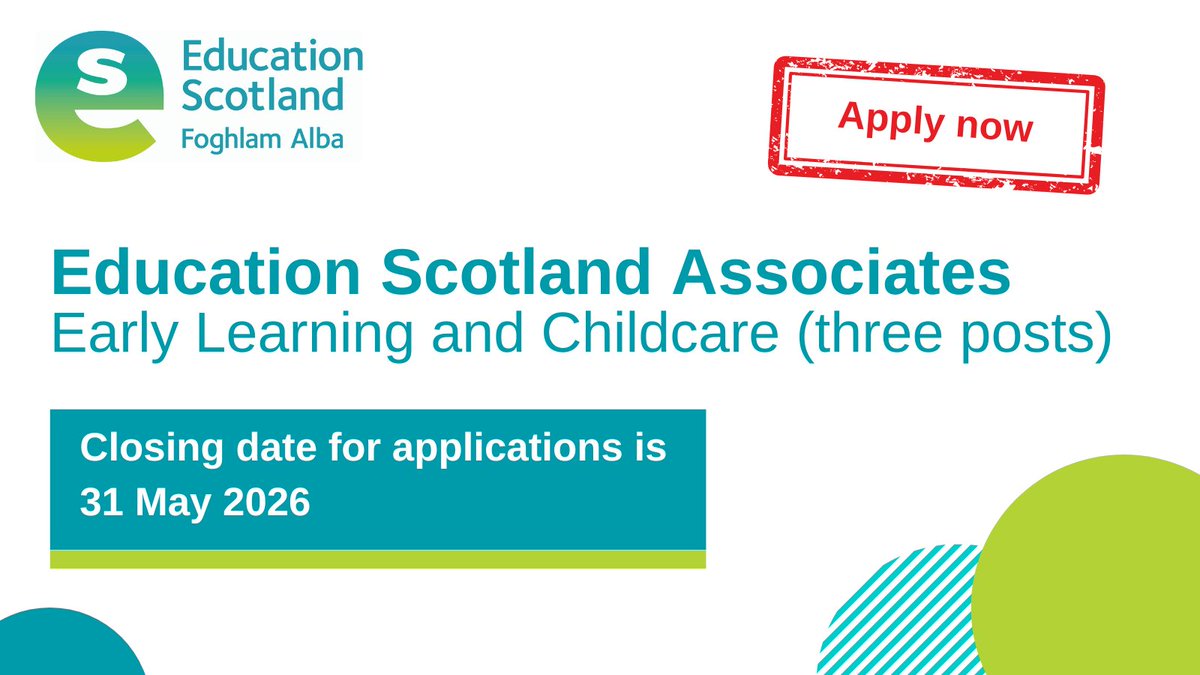 EducationScot's tweet photo. Are you a headteacher or manager in a standalone ELC setting? Want to work with our ELC team on national priorities? Then come and join us as Early Learning and Childcare Education Scotland Associate! 

Find out more and apply by 31 May: https://t.co/PVm8Kiq9jQ https://t.co/3Wn9ojAnAW