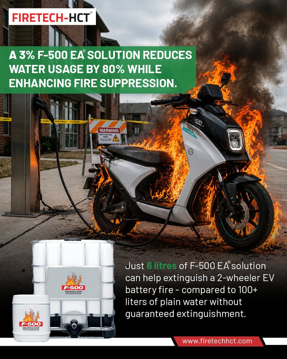 firetechhct's tweet photo. A 3% F-500 EA® solution can cut water usage by up to 80% while rapidly suppressing EV battery fires. 💧⚡

To know more, contact us at:
🌐 https://t.co/D9tAGtP9pg
📩 sales@firetechhct.com

#F500EA #FIRETECHHCT #EVBatteryFire #FireSuppression #EVSafety https://t.co/kriDaiRMRA