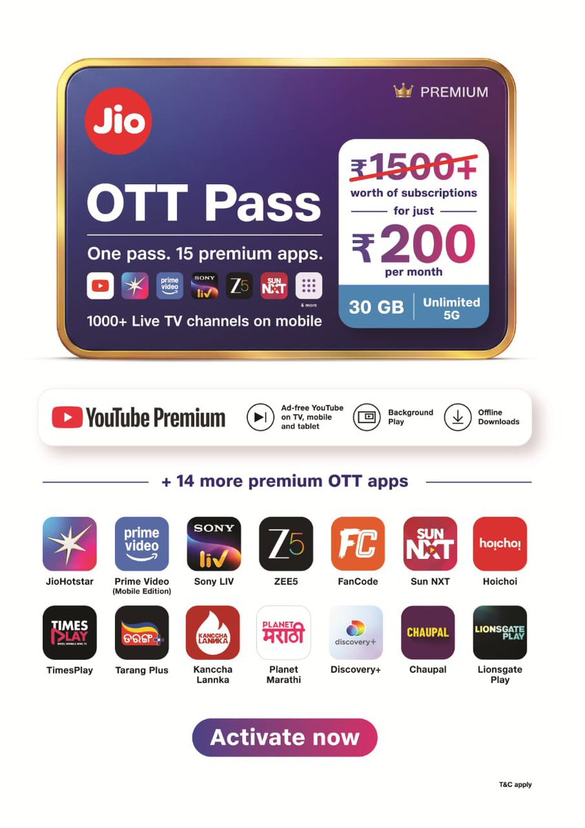 iOldMonk's tweet photo. New #Jio pack now offers access to 15 premium OTT platforms along with 30GB of data, all for just ₹200. https://t.co/ualrjWHv4o