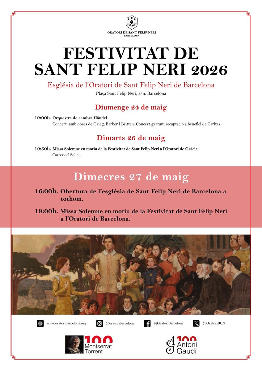 OratoriBCN's tweet photo. Avui dimecres, portes obertes i celebració de l'eucaristia a l'Oratori en honor de St. felip Neri. Us hi esperem! https://t.co/Z4BJM9Oavo