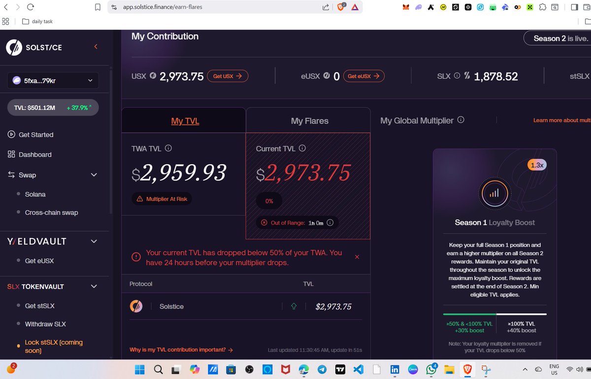 chaiaurcrypto's tweet photo. i added more tvl for maintain my twa still showing in red risk why @solsticefi i locked for 3months my slx https://t.co/BkbIUSbs9f