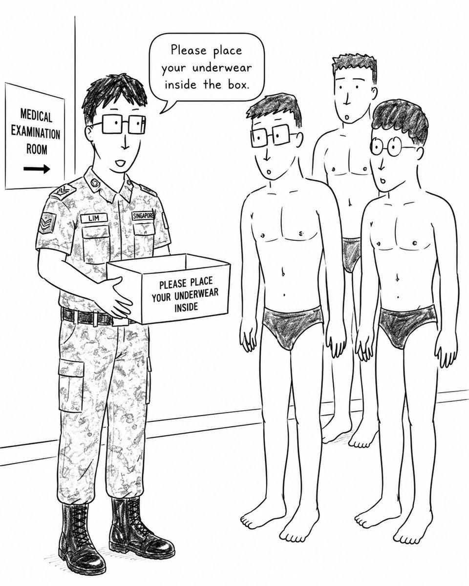 fetch1975's tweet photo. Another redrawn scene. My prompt to ChatGPT - "Redraw this scene of an Asian male soldier who meets new recruits who are about to go through medical examination. He holds a box and tells them to place their underwear inside." https://t.co/mhIytFauUS
