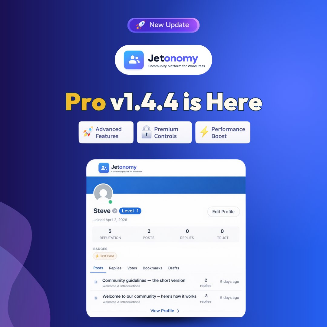 wbcomdesigns's tweet photo. Jetonomy Pro v1.4.4 released.

New Site Announcements
Improved messaging actions
Instant custom badge awards
Better dark mode support
Security and moderation improvements

https://t.co/3HyxSFEa0O

https://t.co/g8gzEhOkFL

#WordPress #CommunityPlatform #Jetonomy #PluginUpdate #WbcomDesigns
