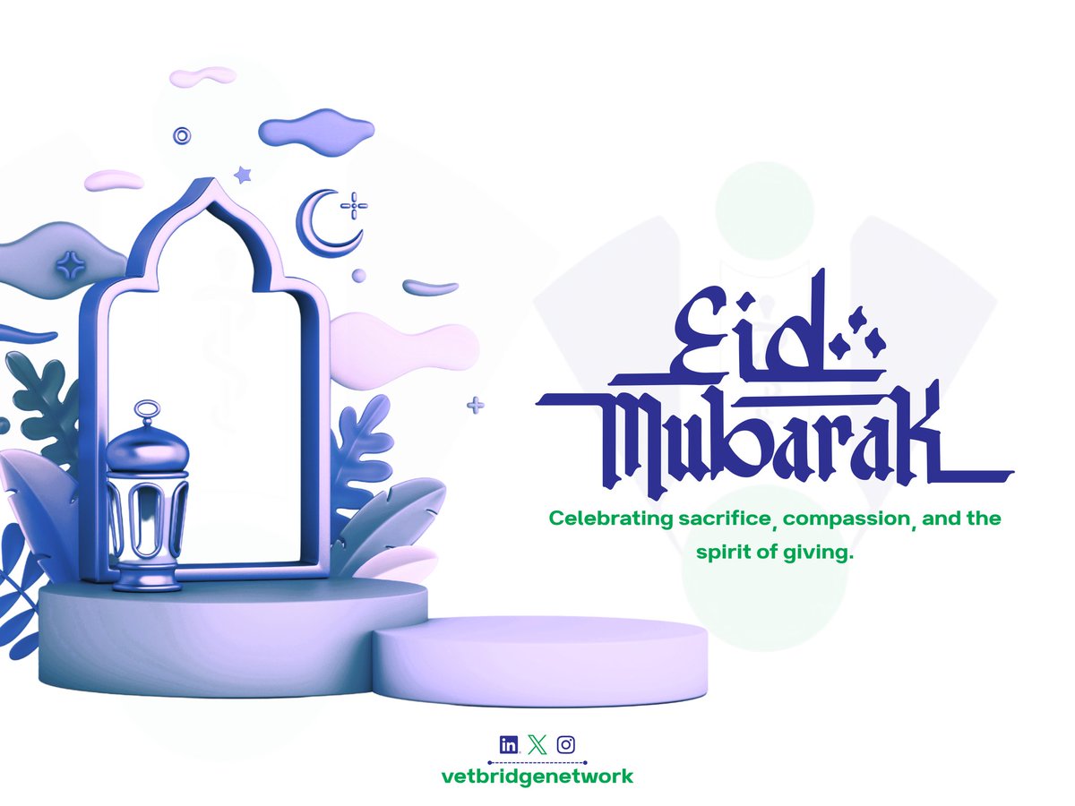 BridgeVetNetwor's tweet photo. At Vet Bridge Network, we believe that every act of kindness creates a healthier and more connected world.

Eid al-Adha Mubarak to our amazing community. May this season bring peace, purpose, and abundant blessings to you and your loved ones. 

💙🤍💚
 #eidmubarak #عيد_الأضحى https://t.co/mVGJbowlkZ