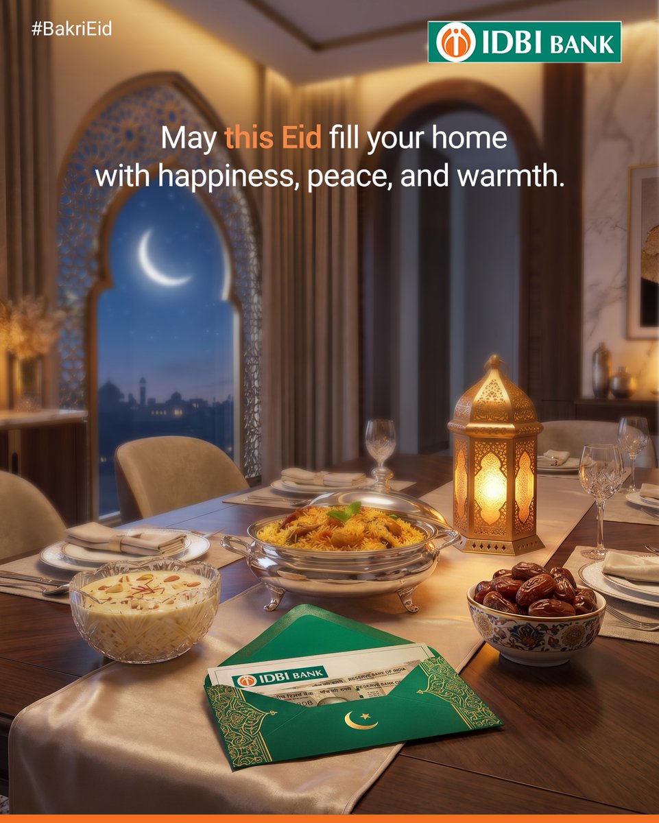 IDBI_Bank's tweet photo. This Bakri Eid, every table carries more than festive flavours, it carries the joy of togetherness, the warmth of giving, and blessings shared with loved ones.

IDBI Bank celebrates the spirit of Eid and the thoughtful traditions that help nurture happiness today and a secure tomorrow.

Wishing you and your family a joyous and prosperous Eid.

#IDBIBank #BakriEid #EidMubarak #FestiveBlessings #SpiritOfGiving #ProsperousFuture
