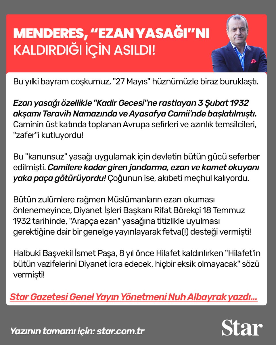 stargazete's tweet photo. "Menderes, “ezan yasağı”nı kaldırdığı için asıldı!"

@NuhAlbayrak yazdı...

https://t.co/Q9qSVXiCek https://t.co/3IbutjfQ6G