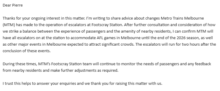 PierreVairo's tweet photo. Footscray station platform 6 escalators finally set to open at night! 

After a month of back-and-forth emails, I'm glad to report that @metrotrains will trial allowing passengers to use the escalators on P6 on certain evenings (AFL games &amp; other major events) https://t.co/Jq1CXxV7A6
