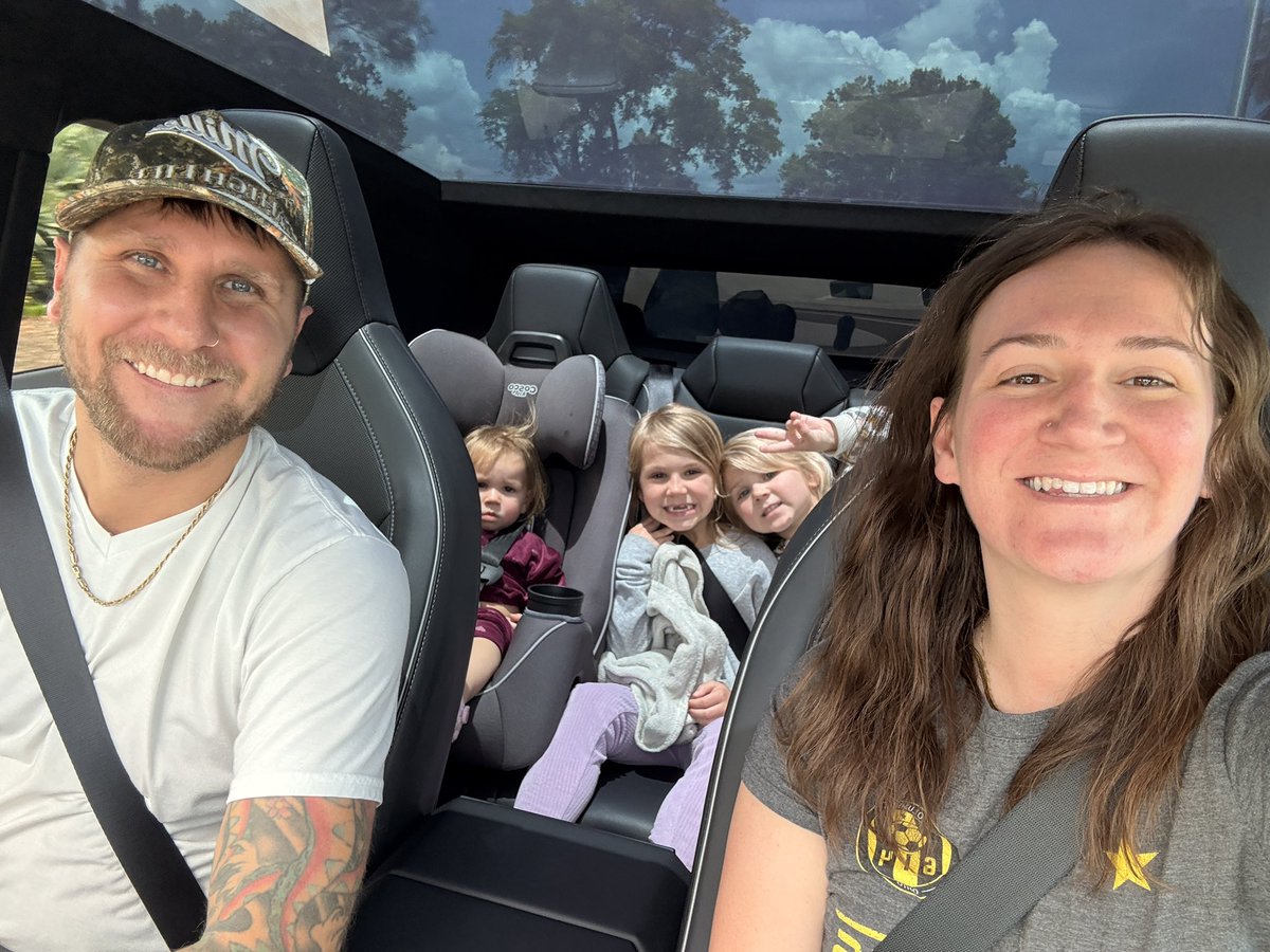 DaneKoch's tweet photo. @elonmusk I have 3 daughters and rented a cyber truck for the week while in Tampa. This is our first time driving a Tesla and I want you to know I wish I could switch now for a Tesla. You perfected the ultimate automotive and one day I hope we can switch to only driving a Tesla. https://t.co/sjiuwWCzWU