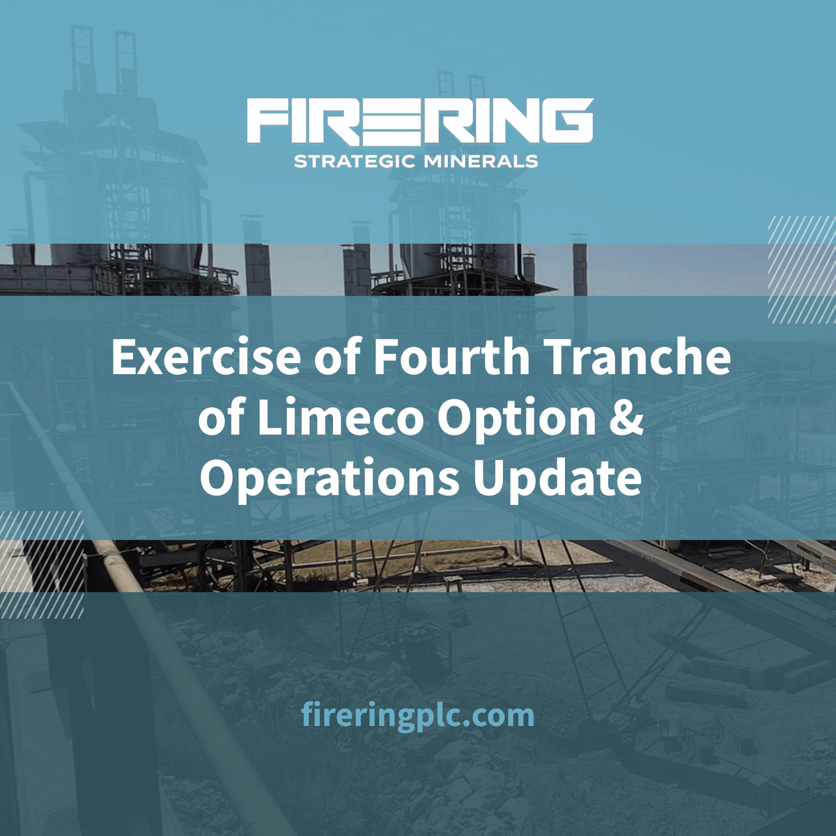 FireRing_SM's tweet photo. Fourth Tranche of Option has been exercised to increase shareholding in Limeco to 41.7%. 
 
Production ramps up with Kiln 2 operating above the planned initial output and modifications to Kilns 3 and 4 progressing well, with commissioning targeted for H2 2026.
 
Product sales are building momentum, supported by increasing customer engagement across the mining and industrial sectors in Zambia and the wider Southern African region.
 
Read the full announcement here – https://t.co/isDu1mrHVh
 
#FRG #CriticalMinerals #Quicklime