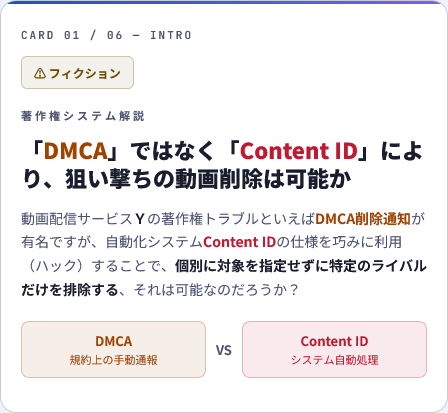 Clays_pj's tweet photo. #DMCA
動画配信界隈で耳にするこの略語を調べていたら
「Content ID」という別の言葉にたどり着いた。
こんな仕組みもあるかもと思えば、少し景色が変わるかもしれない。AIと壁打ちしてまとめた6枚。
フィクションです。免責あり。
精度保証はありません。
#ContentID
先ず3枚、リプ欄に残り3枚👇 https://t.co/eTRmVimc3K
