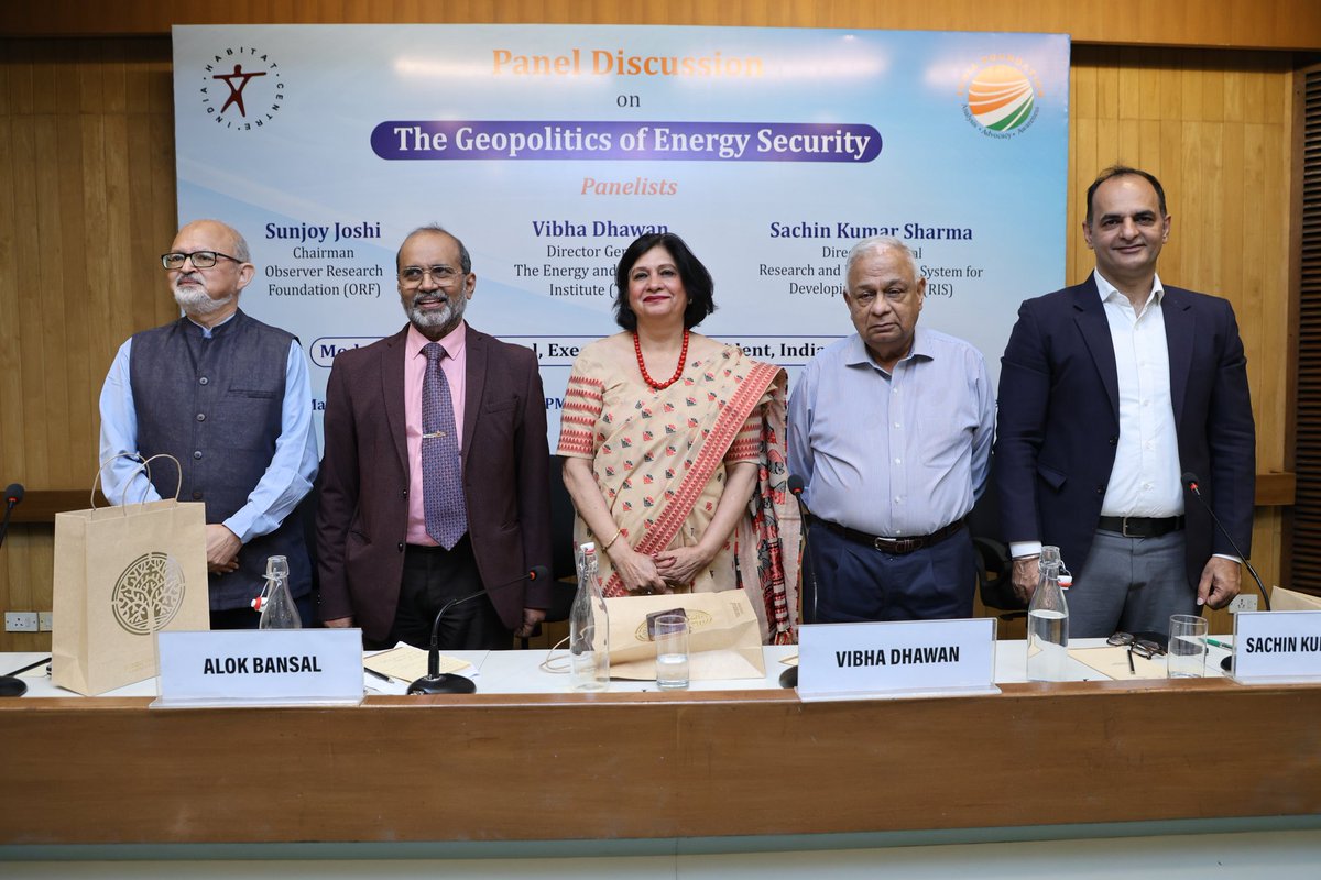 indfoundation's tweet photo. On 26 May 2026, India Foundation, in collaboration with India Habitat Centre, organised a panel discussion on 'The Geopolitics of Energy Security’ at the India Habitat Centre, New Delhi.

The panelists for the discussion were Shri Sunjoy Joshi, Chairman, Observer Research Foundation (ORF), Dr Vibha Dhawan, Director General, The Energy and Resources Institute (TERI), and Professor Sachin Kumar Sharma, Director General, Research and Information System for Developing Countries (RIS). The session was moderated by Capt Alok Bansal, Executive Vice President, India Foundation.