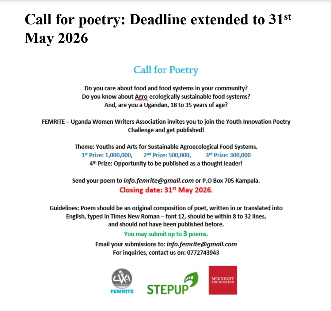 twongye's tweet photo. This is the final week to make your poetic contribution to food systems! Check fulldetails at @femritewriters https://t.co/zG3HZaTqL8
