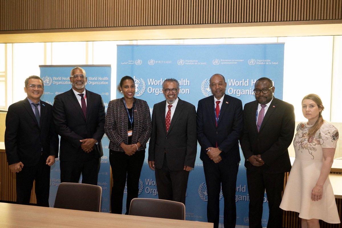 DrTedros's tweet photo. Met with Health Minister Sinal Bertrand to discuss the health and humanitarian situation in #Haiti. The top priorities for the Minister are diphtheria, HPV and MMR vaccination campaigns, for which @WHO continues to provide support. The health needs are greater than this, and I extended our support, as all people deserve access to basic healthcare. #WHA79