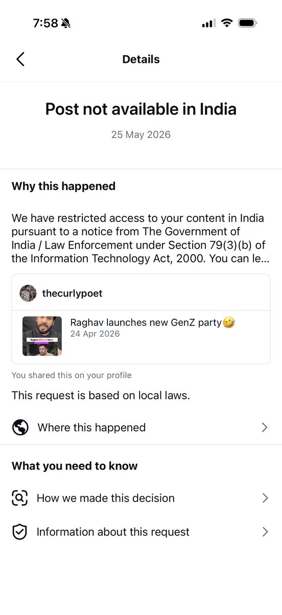 SFLCin's tweet photo. A single clause in the IT Act is shaping what users can or cannot say online. Recently, users who criticised or satirised a Rajya Sabha member after his switch to another political party have reportedly faced a wave of content takedowns.

These takedowns are being issued under Section 79(3)(b) of the IT Act, which outlines conditions under which social media platforms may lose their safe harbour protection if they fail to comply with government content blocking orders.

https://t.co/X7ipfsWjp2 is challenging content takedowns by filing RTIs and petitions against opaque regulatory frameworks. 

#digitalrights #freespeech #censorship

@dhanyarajendran @sanket @Memeghnad @Bhavishyaspeaks @Aditi_muses @AroonDeep @PunsterX @dhruv_rathee @Saurabh_MLAgk @ravish_journo @iArpitSpeaks @TheDeshBhakt @IFEX @TheCurlyPoet  @RSF_en
@amnesty @IFJGlobal @zoo_bear @IndexCensorship
@PeekTV_in  @Priyanshi50 @anishgawande
@PunsterX @whattalawyer @sohitmishra99 @REDBOXINDIIA @vsirnate @PreetiSMenon @SauravDassss @Aafrin7866 @NasirHussainINC