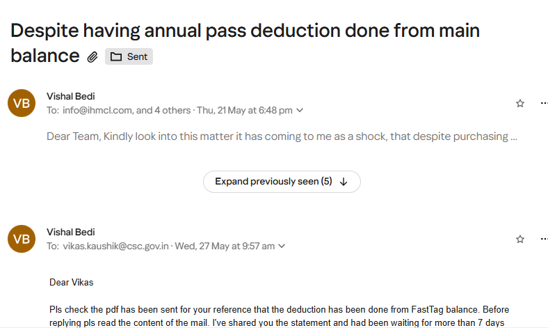 VbBedi's tweet photo. @NHAI_Official @NHAIINDIA @nitin_gadkari 

Despite purchasing annual pass from RajMargYatra there had been a considerable deduction from FastTag Balance on those tolls which were not deducted earlier due to annual pass. Further, my fasttag has been used around 12 times. I had https://t.co/DdKZjdaBxz
