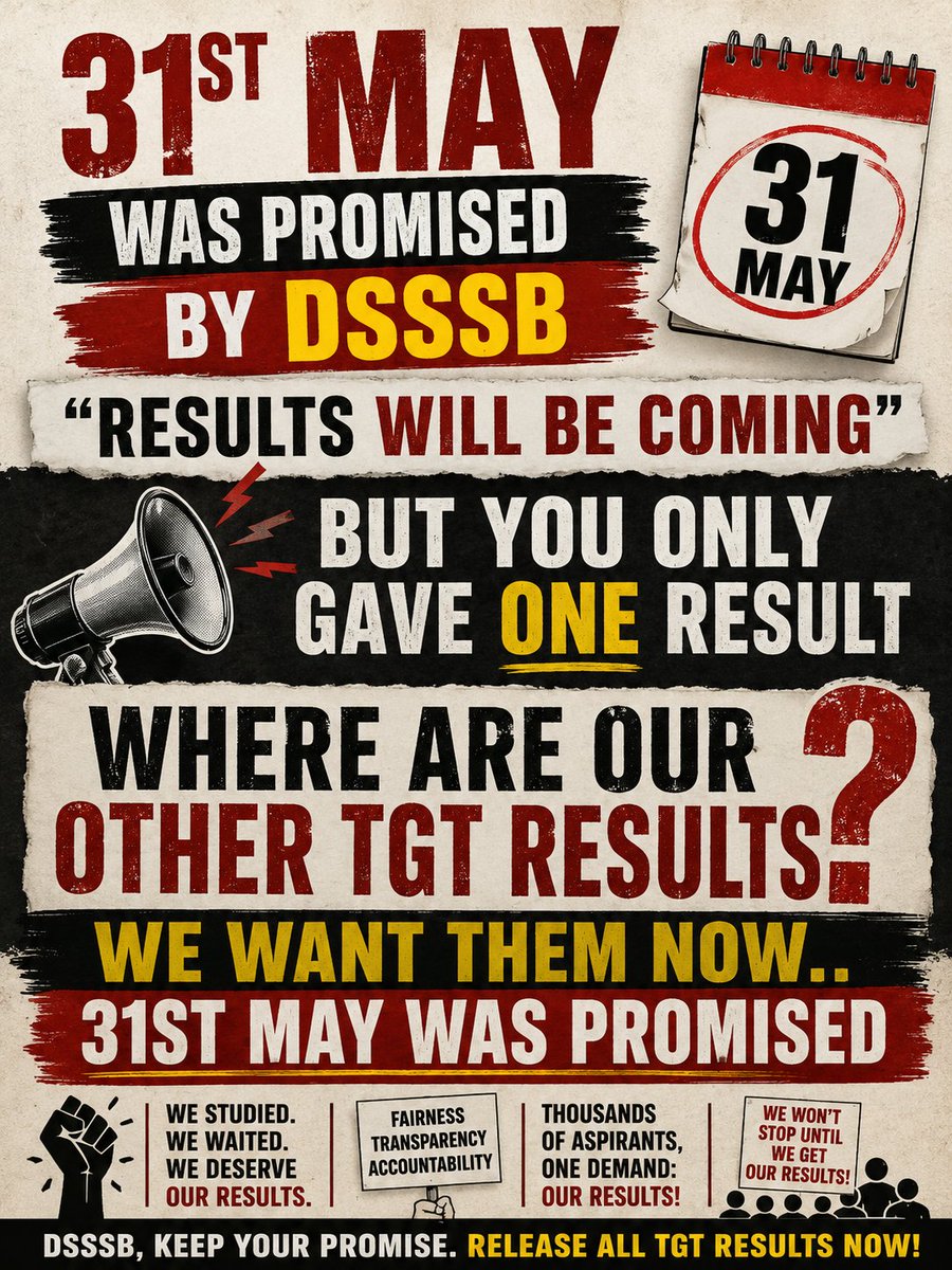 mishra_riy54975's tweet photo. 31st May is about to get over, yet only one TGT result has been released by DSSSB after promising that results would start coming.
We studied, waited patiently, and trusted your words. Where are the remaining TGT results?
#Releasetgtresults https://t.co/nmQXsCN0Uq