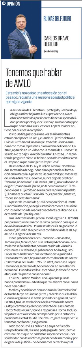 carlosbravoreg's tweet photo. La acusación de EUA contra su protegido, Rocha Moya, obliga a mirar bajo otra luz su presidencia.

No es obsesión: todos los presidentes tienen responsabilidad política por lo que ocurre en su sexenio y lo que le heredan a sus sucesores.

AMLO no tiene por qué ser la excepción. https://t.co/WjqvgHuW2J