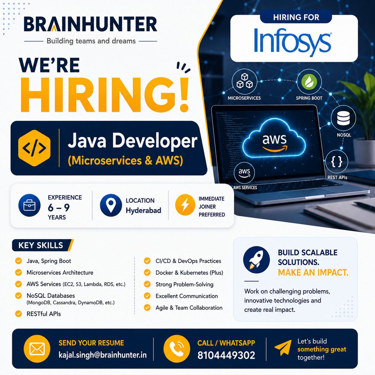 Brainhunter_in's tweet photo. 🚀 We’re Hiring | Java Developer (Microservices &amp; AWS)

📩 Send your resume to: kajal.singh@brainhunter.in
📞 Call / WhatsApp: 8104449302

#Hiring #JavaDeveloper #JavaJobs #Microservices #AWS #SpringBoot #NoSQL #RESTAPI #DevOps #Docker #Kubernetes #ITJobs #TechHiring https://t.co/tkhPJPwOl1
