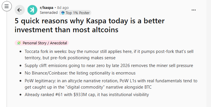 Crypt0Proselyte's tweet photo. 5 quick reasons why #Kaspa today is a better investment than most altcoins

1. Toccata fork in weeks: buy the rumour still applies here, if it pumps post-fork that's sell territory, but pre-fork positioning makes sense

2. Supply cliff: emissions going to near zero by late 2026 removes the miner sell pressure

3. No Binance/Coinbase: the listing optionality is enormous

4. PoW legitimacy: in an altcycle narrative rotation, PoW L1s with real fundamentals tend to get caught up in the "digital commodity" narrative alongside BTC

5. Already ranked #61 with $933M cap, it has institutional visibility

Study $kas